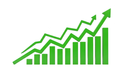 Green growth chart indicating progress isolated on transparent background