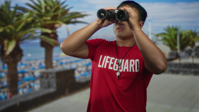 Lifeguard man holds binoculars to eyes in street by seaside scanning horizon; vigilance duty focus commitment.