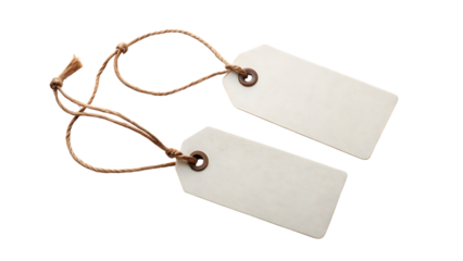 Two blank white tags on brown strings isolated on a transparent background blank tags labels empty tags