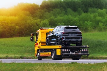Car transporter truck delivers new SUV vehicle