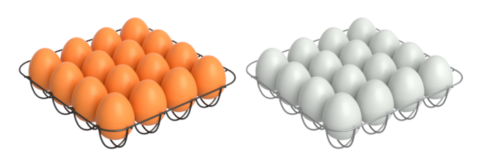 Metal trays filled with neatly stacked white and brown eggs, isolated on white transparent background. Concept of egg variety and food industry