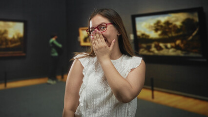 Woman hand covering mouth in an art gallery building, wearing red glasses and white blouse;...
