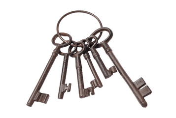 Keychain, keyring holder with old rusty keys isolated on transparent background