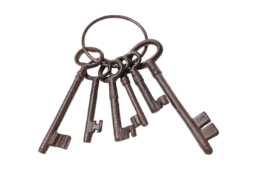 Keychain, keyring holder with old rusty keys isolated on transparent background