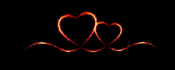 Red neon transparent glowing heart shaped with glowing lights, isolated on black background.