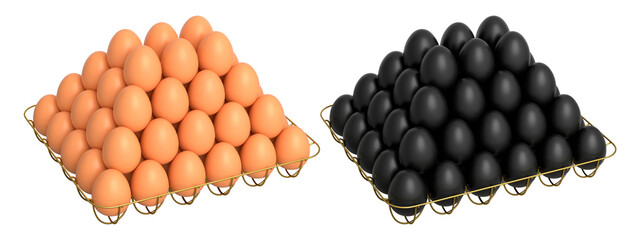 Metal trays filled with neatly stacked black and brown eggs, isolated on white transparent...