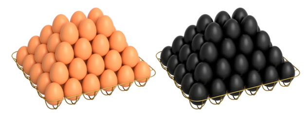 Metal trays filled with neatly stacked black and brown eggs, isolated on white transparent background. Concept of egg variety and food industry