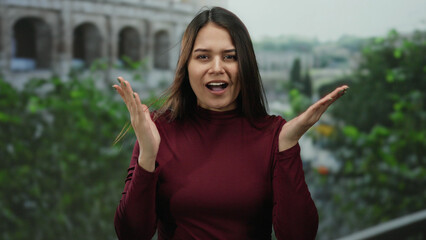 Woman outdoor posing near roman coliseum with hands on face, blending historical architecture with...