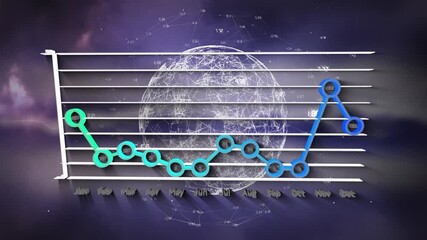 Animation of graph and globe with data processing over sky with clouds - Powered by Adobe