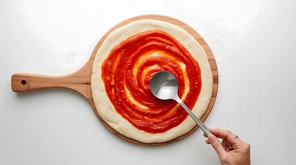 Overhead shot of spreading tomato sauce on raw pizza dough with ladle