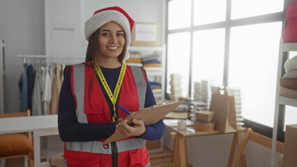 Woman wearing santa hat and volunteer vest takes notes in a charity center surrounded by donation boxes, reflecting a festive spirit of generosity indoors.