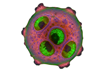 Microscopic view of biological cell structure with glowing green nuclei isolated on transparent background