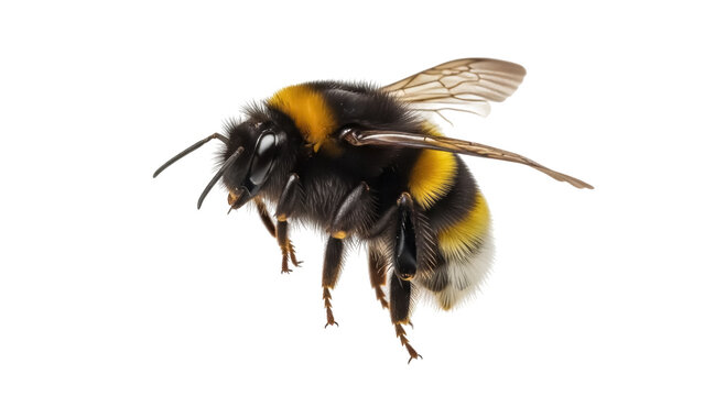 Isolated bumblebee in flight, side view &ndash; a cute insect with furry body, flying in warm weather