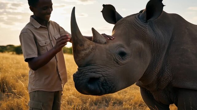 A young boy interacting affectionately with a rhinoceros in a golden savanna during sunset, showcasing a nurturing bond in a wildlife setting