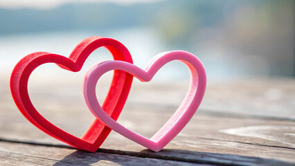 Two heart shapes in red and pink on a wooden surface with a blurred natural background outside