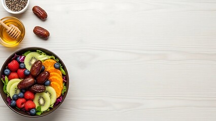 Fresh fruit salad with dates, honey and seeds on a wooden table healthy food date kiwi orange blueberry raspberry