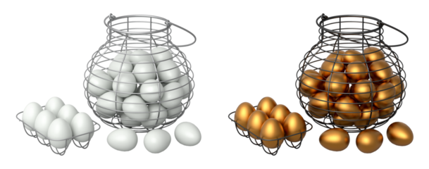 Wire baskets filled with eggs, isolated on white transparent background, concept of kitchen storage.