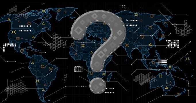 Animation of question mark over world map and icons on black background