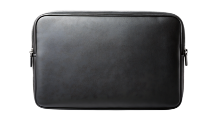 Black leather laptop sleeve with silver zippers isolated on a transparent background accessory