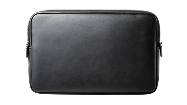 Black leather laptop sleeve with silver zippers isolated on a transparent background accessory - Powered by Adobe