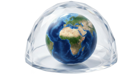 Transparent faceted crystal dome protecting a detailed blue planet Earth globe with visible continents. Symbol of environmental protection, fragility and global care. PNG format, transparent backgroun