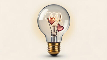 Light bulb with heart shaped filament on beige background