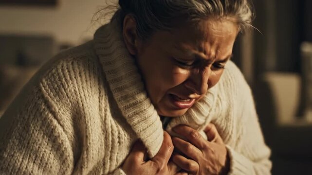 Close-up of an elderly woman having a heart attack and clutching her chest in severe pain. Senior female suffering from cardiac arrest symptoms in a dark room. Health emergency concept