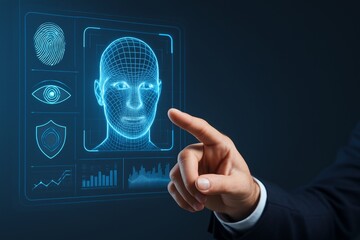 Futuristic biometric identification interface concept with facial recognition and fingerprint scan technology on digital screen being activated by hand touch. Ai generative