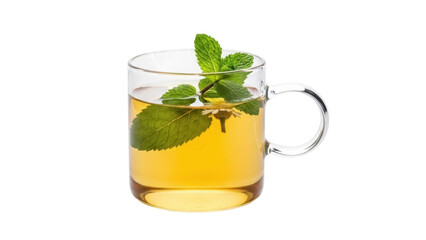 Isolated clear glass tea cup with herbal tea and fresh mint leaves, healthy hot beverage © Natalia