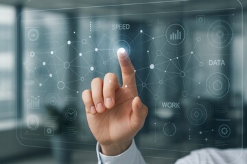Businessman touching virtual digital interface with futuristic data network and speed optimization concept in modern office environment background. Ai generative