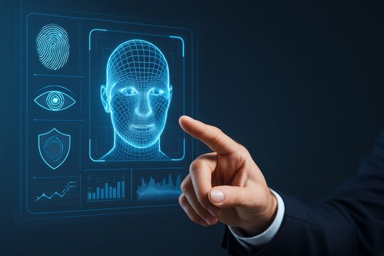 Futuristic biometric identification interface concept with facial recognition and fingerprint scan technology on digital screen being activated by hand touch. Ai generative - Powered by Adobe