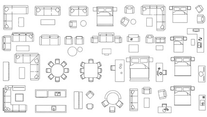 Vector Architectural Top View Furniture CAD Block Set for Interior Design Floor Plans