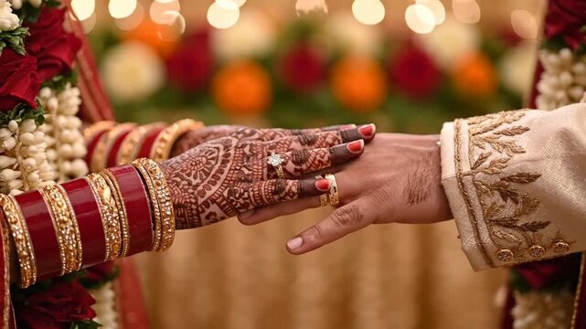 An Indian bride places a wedding ring on the groom's finger during a traditional ceremony. Close-up of hands with henna and jewelry. Hindu marriage ritual and commitment concept