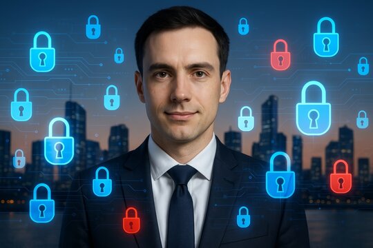 Confident businessman in suit surrounded by digital padlock icons symbolizing cybersecurity concept in a cityscape background during twilight hour. Ai generative - Powered by Adobe