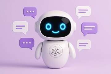 Friendly chatbot robot with glowing face surrounded by speech bubbles on pastel background representing communication and technology concept. Ai generative
