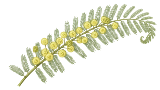 Isolated branch of mimosa with yellow flowers and leaves, flowering plant blossom, spring - Powered by Adobe