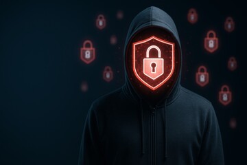 Cybersecurity concept with hooded figure and digital padlock shield on dark background representing data protection and online defense technology. Ai generative