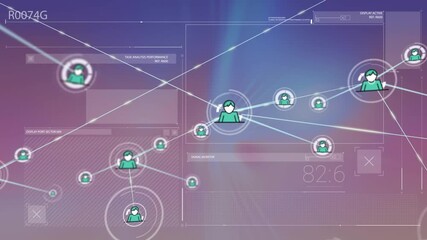 Animation of network of profile icons against interface with data processing - Powered by Adobe