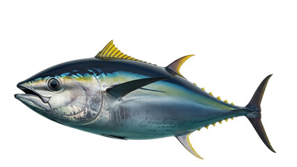 Isolated Bigeye Tuna fish with blue and silver skin and yellow fins isolated on background
