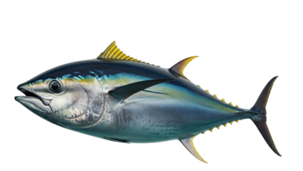 Isolated Bigeye Tuna fish with blue and silver skin and yellow fins isolated on background