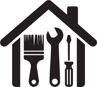 Conjunto de iconos vectoriales de servicio dom&eacute;stico: casa, herramientas, pintura, reparaci&oacute;n, mantenimiento, mejora en silueta negra.