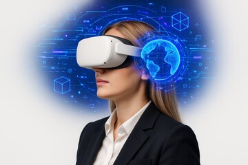 Businesswoman wearing virtual reality headset with futuristic digital globe and holographic interface representing global technology concept. Ai generative