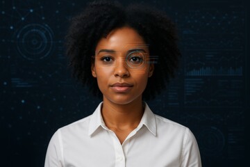 Futuristic biometric facial recognition concept with African American woman and digital eye scanning interface on dark technology background. Ai generative