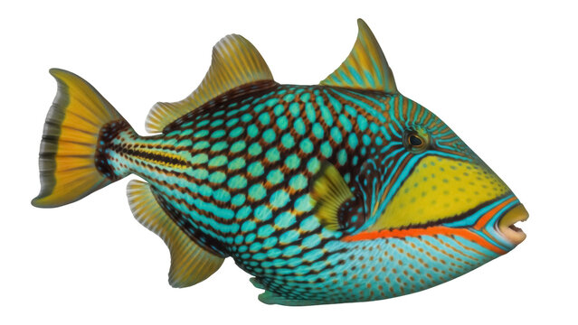 Isolated lagoon triggerfish with bright colors and interesting markings marine species portrait