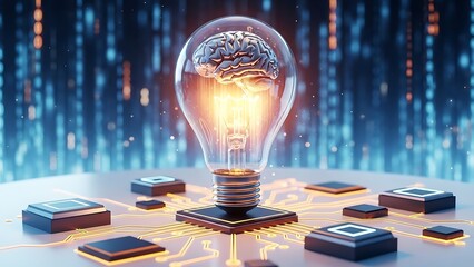 Artificial Intelligence Brain Light Bulb with Data Blocks Innovation Concept