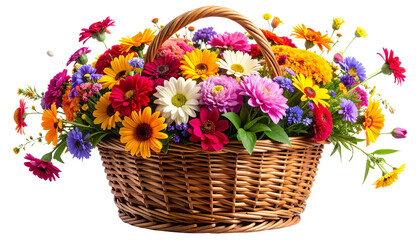 Obraz premium A beautiful spring gift: a bouquet of pink roses and daisies in a wicker basket, decorated with fresh flowers and green foliage