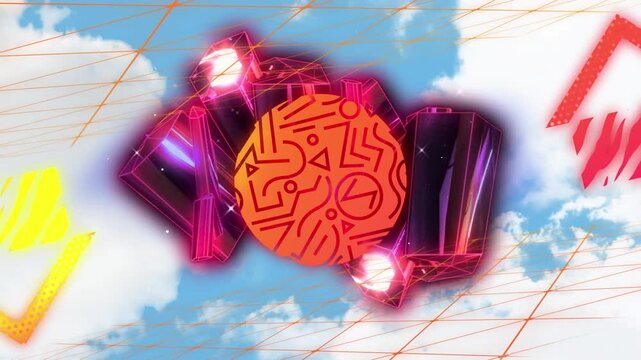 Animation of multiple geometric shape over abstract pattern against moving clouds in sky