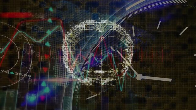 Animation of digital brain over data processing and moving clock on black background