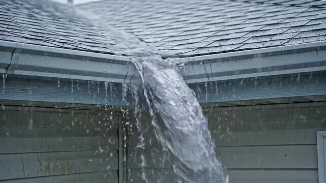 Heavy rain water overflowing from a clogged house gutter. A powerful downpour gushes from the roof during a storm. Home maintenance and water damage concept