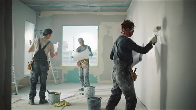 Diverse team in clean workwear expertly transforms a spacious, well-lit modern interior, sanding walls and applying primer. High-quality development & meticulous craftsmanship concept.